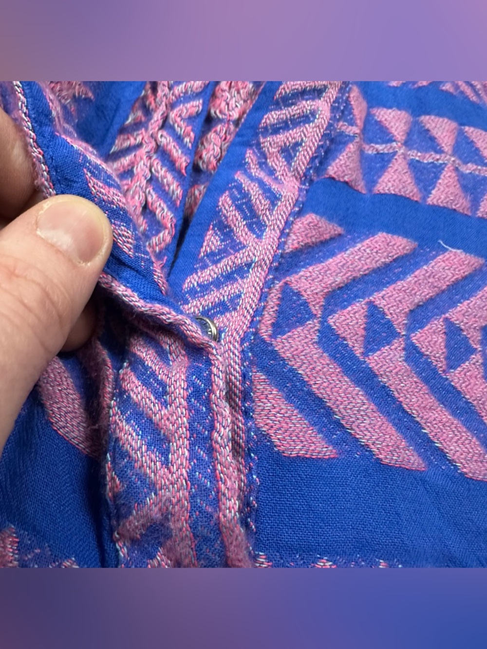 Devotion TWINS Blue Pink Geometric Woven Tier Bell Sleeve Mini Dress Medium - Picture 8 of 12